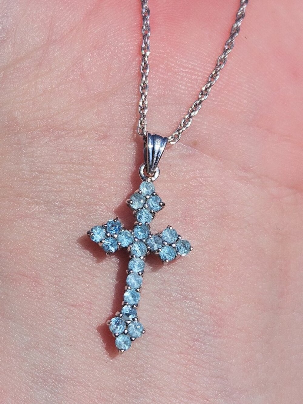 14K White Gold Blue Spinel Cross Pendant Charm with Necklace Chain 18 Inch